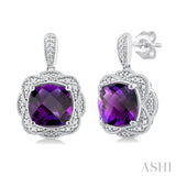 1/20 ctw Cushion Cut 8X8MM Amethyst and Round Cut Diamond Semi Precious Earring in Sterling Silver